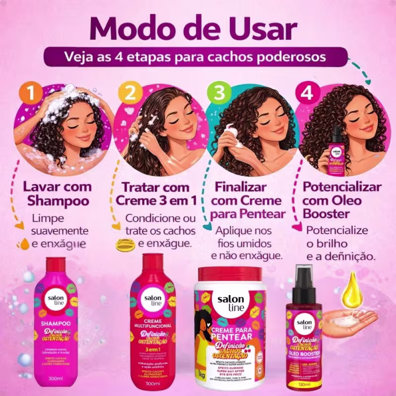 Kit Salon Line Definição Cachos Ostentação: Shampoo e Creme Multifuncional + Creme Pentear 1Kg e Óleo Booster