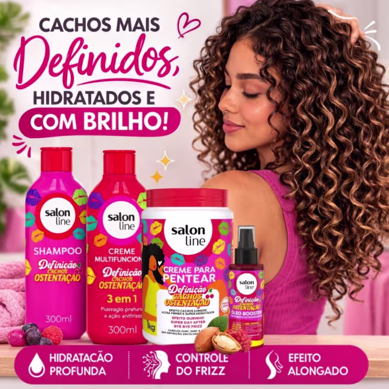 Kit Salon Line Definição Cachos Ostentação: Shampoo e Creme Multifuncional + Creme Pentear 1Kg e Óleo Booster