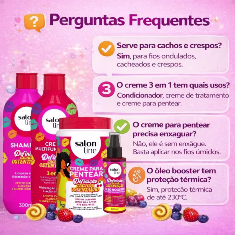 Kit Salon Line Definição Cachos Ostentação: Shampoo e Creme Multifuncional + Creme Pentear 1Kg e Óleo Booster
