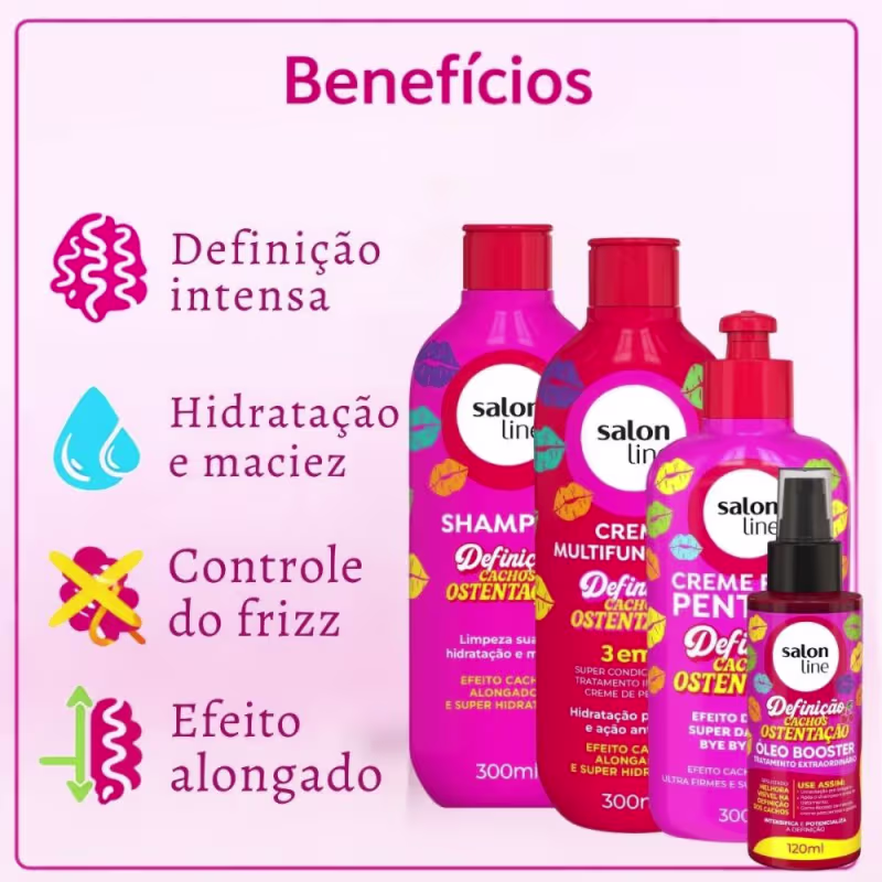 Kit Salon Line Definição Cachos Ostentação: Shampoo e Creme Multifuncional + Creme Pentear 300ml e Óleo Booster