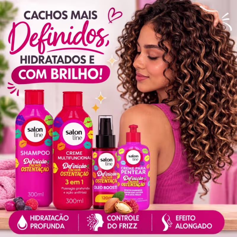 Kit Salon Line Definição Cachos Ostentação: Shampoo e Creme Multifuncional + Creme Pentear 300ml e Óleo Booster