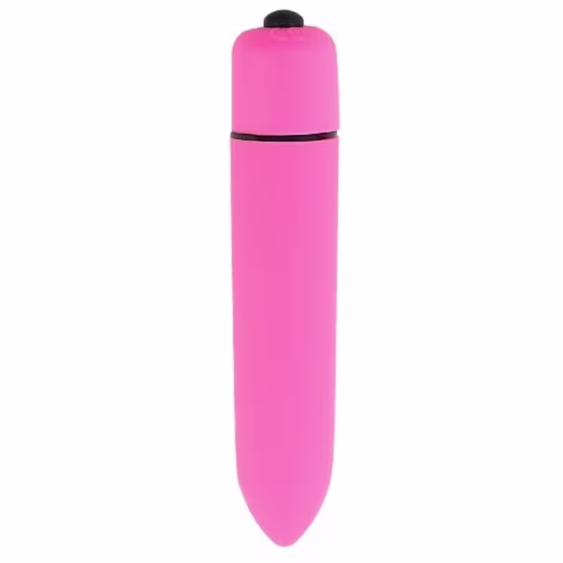 Vibrador rosa em formato cilíndrico com botão preto na extremidade superior. Embalagem compacta e discreta