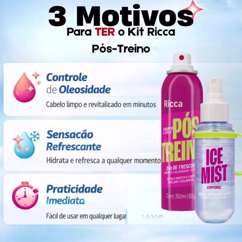 Kit Ricca Pós-Treino: Shampoo a Seco 150ml e Spray Corporal Ice Mist 100ml