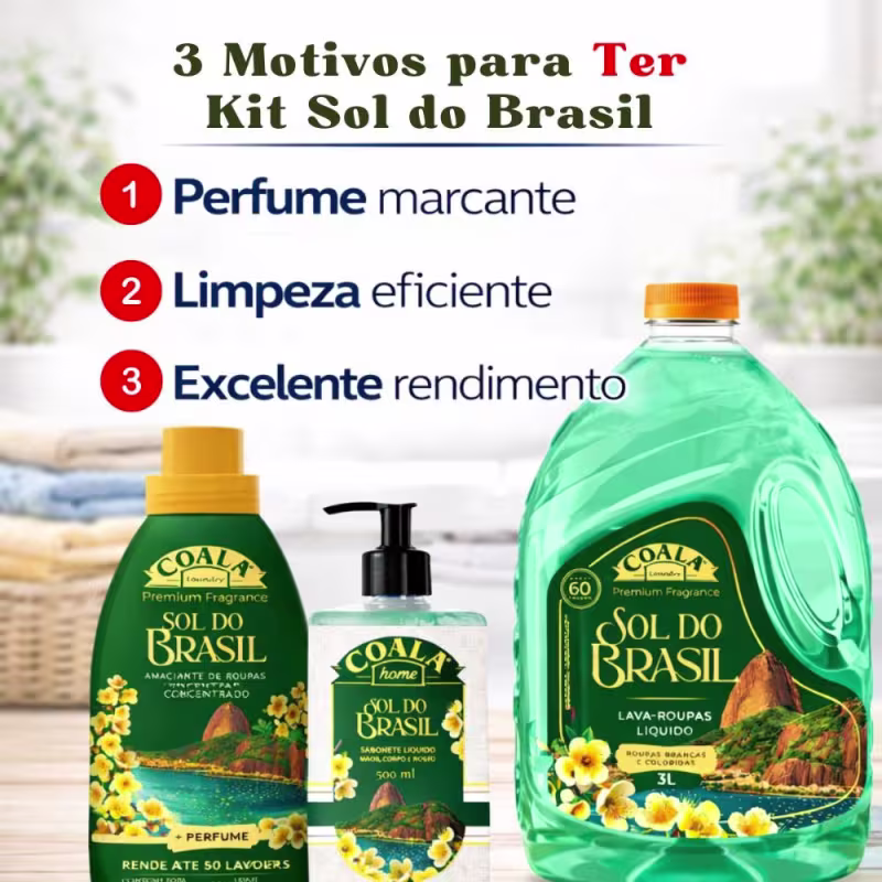 Kit Coala Sol Do Brasil: Lava-Roupas Líquido, Amaciante e Sabonete Líquido