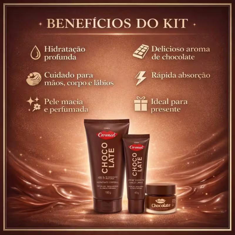 Kit Carmed Chocolate: Hidratante Corporal 150g, Creme Para Mãos 40g e Máscara Labial 8g