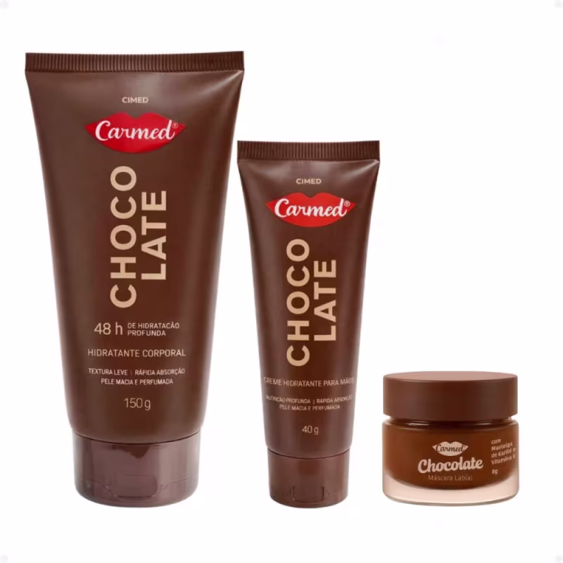 Kit Carmed Chocolate: Hidratante Corporal 150g, Creme Para Mãos 40g e Máscara Labial 8g