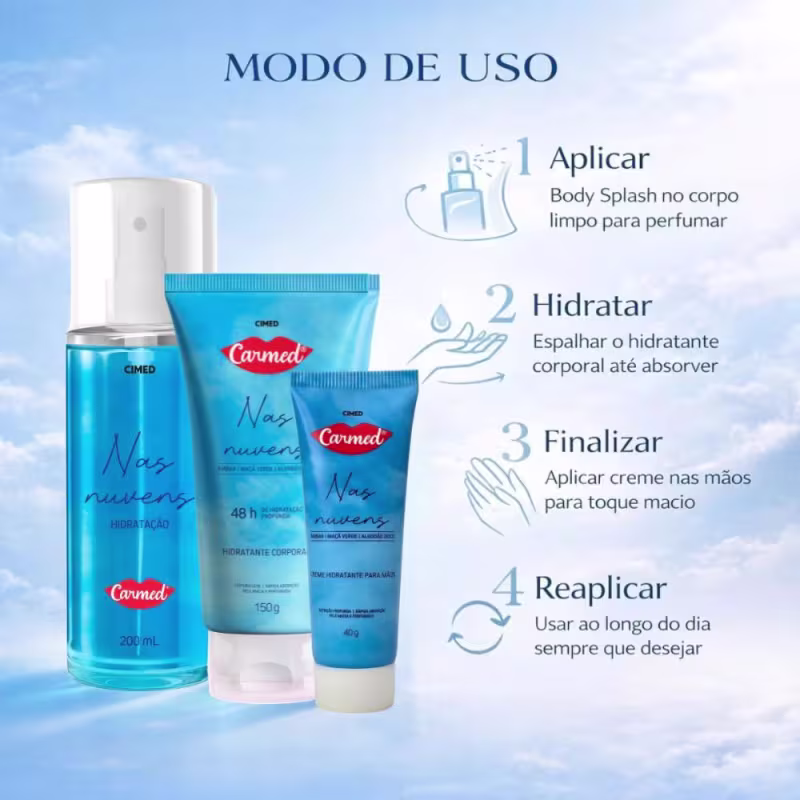 Kit Carmed Nas Nuvens: Body Splash 200ml, Hidratante Corporal 150g e Creme Para Mãos 40g