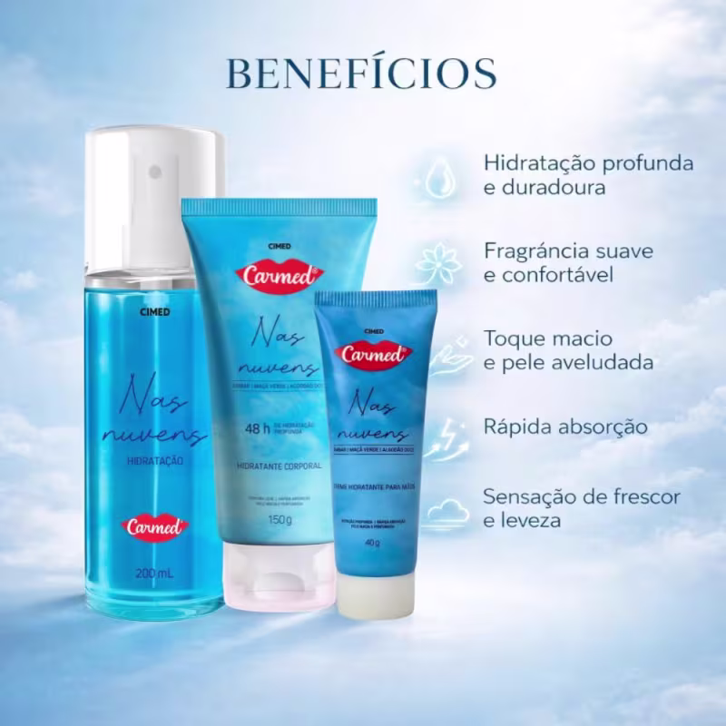 Kit Carmed Nas Nuvens: Body Splash 200ml, Hidratante Corporal 150g e Creme Para Mãos 40g