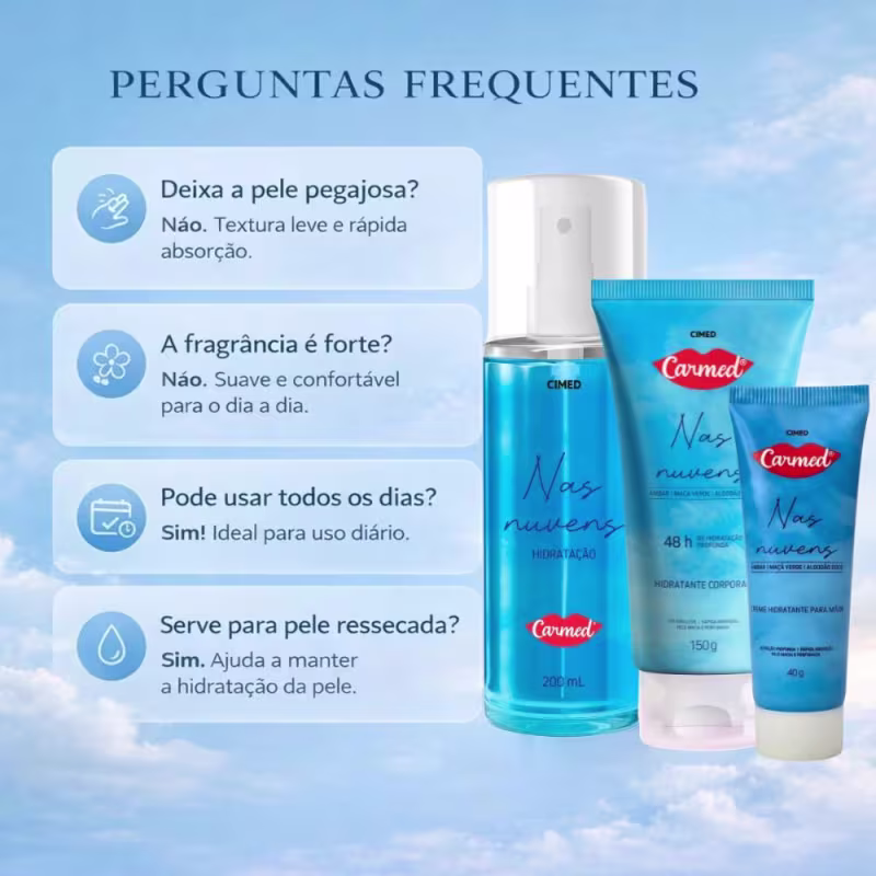 Kit Carmed Nas Nuvens: Body Splash 200ml, Hidratante Corporal 150g e Creme Para Mãos 40g
