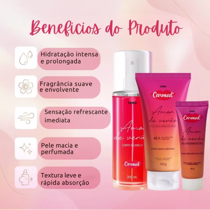 Kit Carmed Amor De Verão: Body Splash 200ml, Hidratante Corporal 150g e Creme Para Mãos 40g