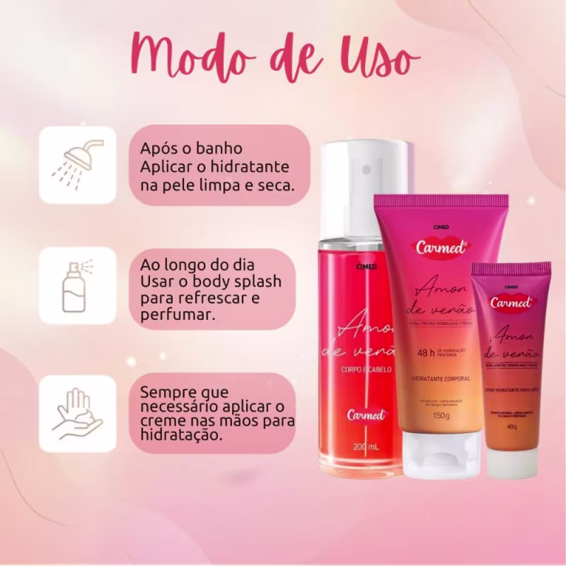 Kit Carmed Amor De Verão: Body Splash 200ml, Hidratante Corporal 150g e Creme Para Mãos 40g