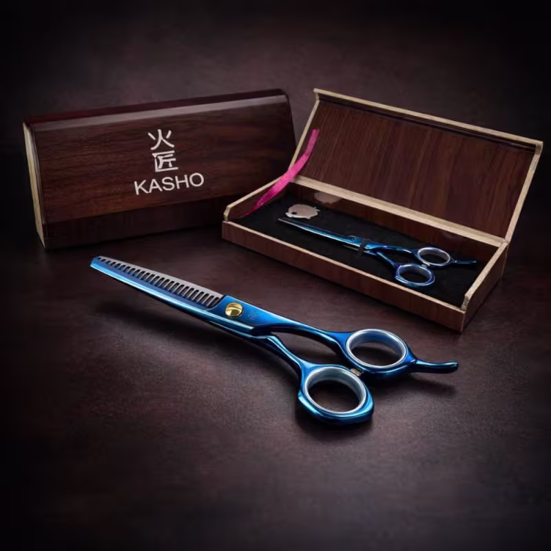 Tesoura Profissional Dentada Mega Kasho Blue Titanium Fio Navalha 5.5 K5360d-55