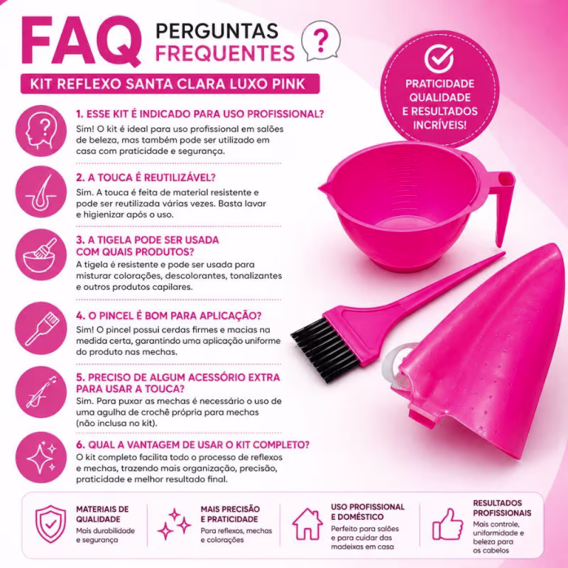 Kit Santa Clara Reflexo Luxo Pink: Touca Para Reflexo, Tigela e Pincel
