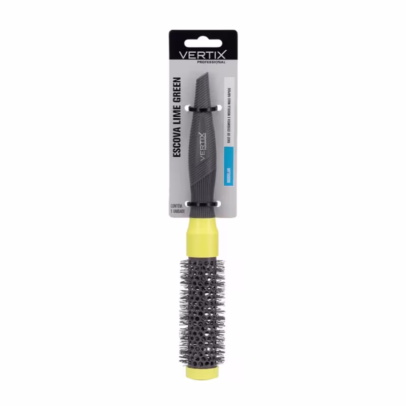 Escova de cabelo profissional da marca Vertix, com cabo amarelo e cerdas pretas em formato cilíndrico. O produto está embalado em uma caixa preta com o logotipo da marca.