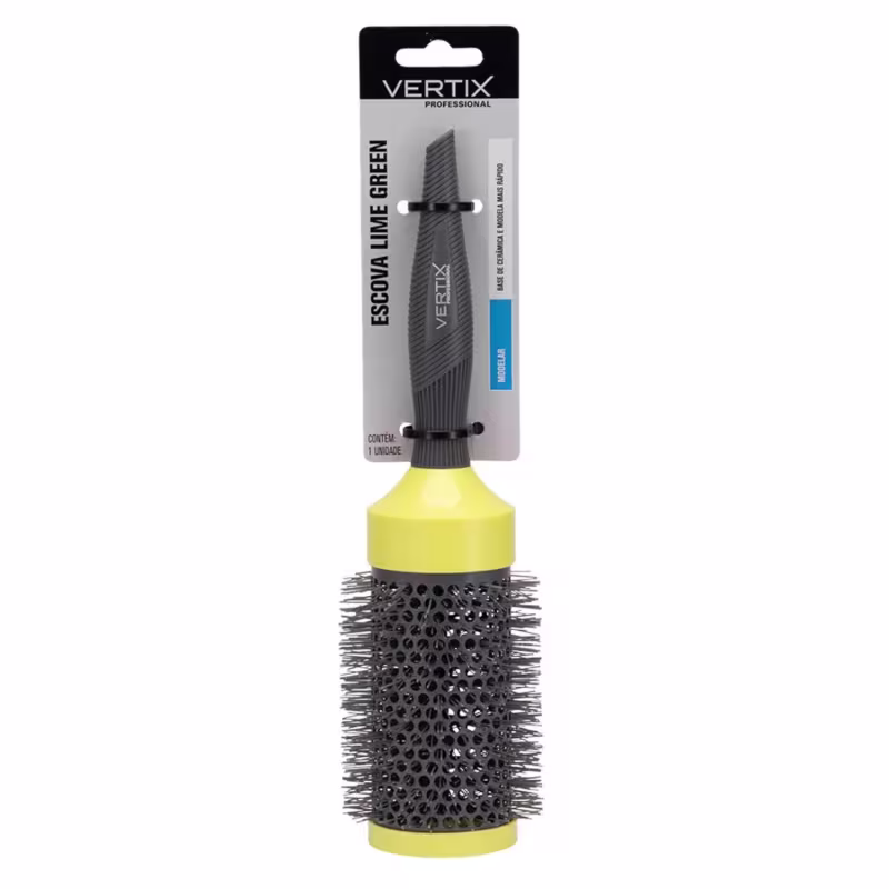 Escova de volume verde e preta da marca Vertix, com cabo plástico e cerdas metálicas, embalada em cartão preto com informações sobre o produto.