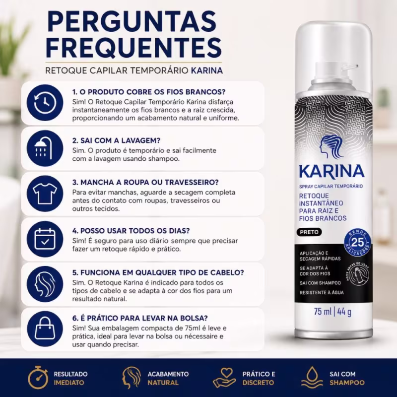 Retoque Capilar Temporário Karina Para Raiz e Fios Brancos 75ml Preto