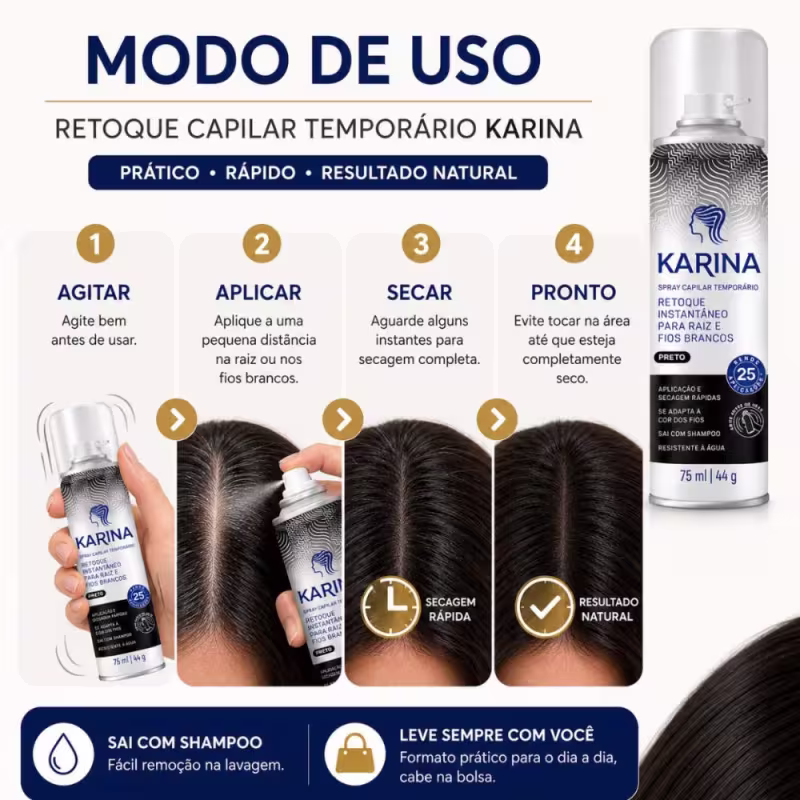 Retoque Capilar Temporário Karina Para Raiz e Fios Brancos 75ml Castanho