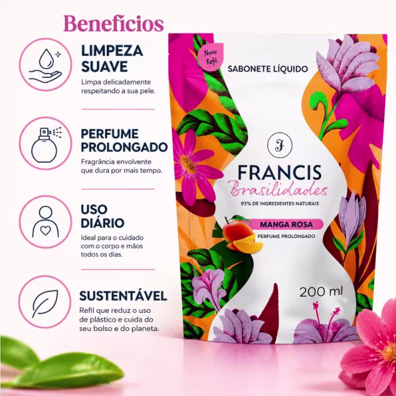 Kit Francis Refil Sabonete Líquido Corpo e Mãos Manga Rosa 200ml Com 3