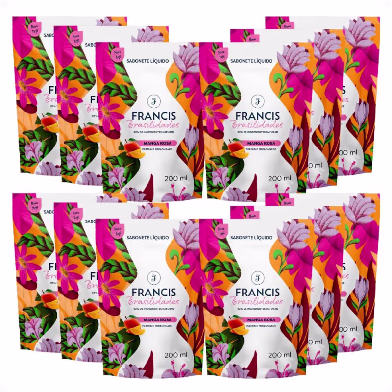 Kit Francis Refil Sabonete Líquido Corpo e Mãos Manga Rosa 200ml Com 12