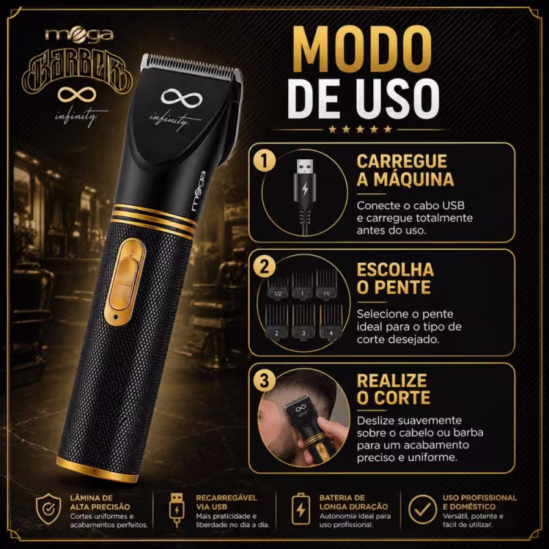 Máquina de Corte Mega Barber Infinity Carregamento USB At8000