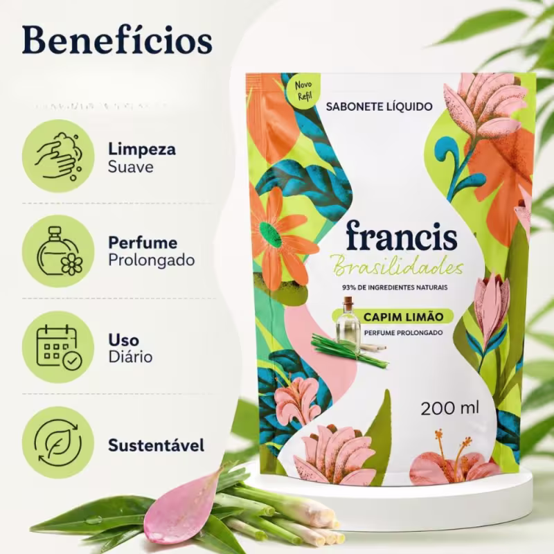 Kit Francis Refil Sabonete Líquido Corpo e Mãos Capim Limão 200ml Com 6