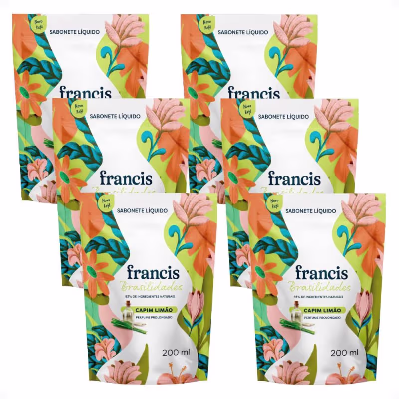 Kit Francis Refil Sabonete Líquido Corpo e Mãos Capim Limão 200ml Com 6