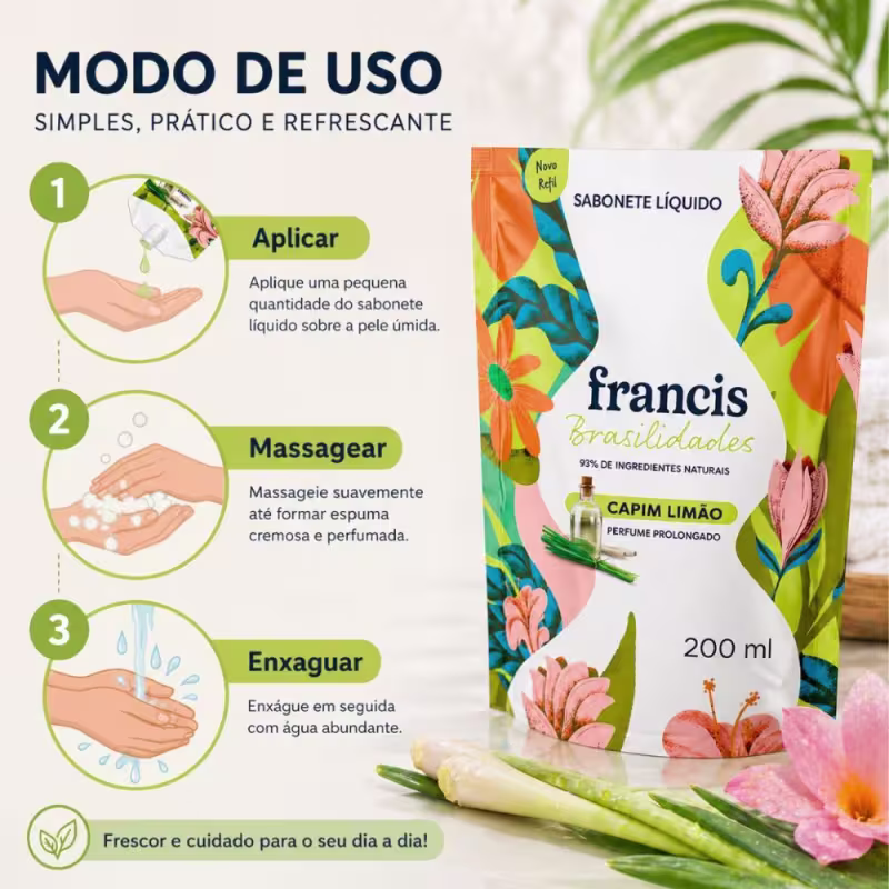 Kit Francis Refil Sabonete Líquido Corpo e Mãos Capim Limão 200ml Com 12