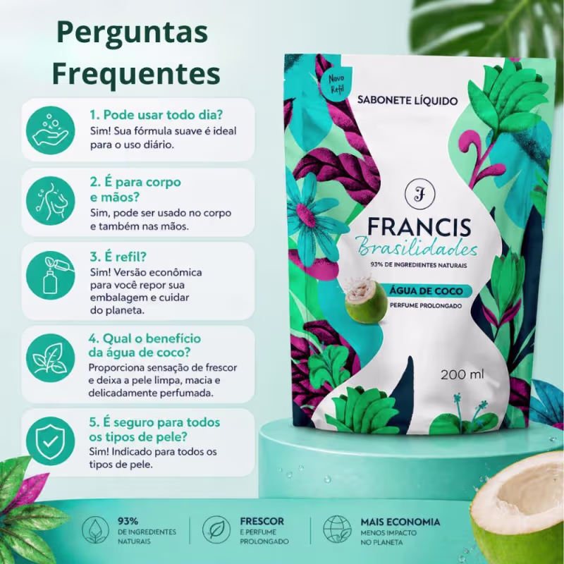 Kit Francis Refil Sabonete Líquido Corpo e Mãos Água De Coco 200ml Com 3