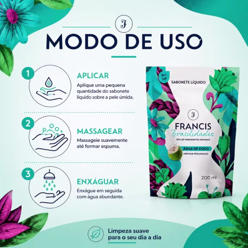 Kit Francis Refil Sabonete Líquido Corpo e Mãos Água De Coco 200ml Com 3