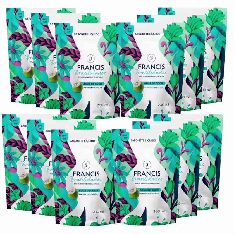 Kit Francis Refil Sabonete Líquido Corpo e Mãos Água De Coco 200ml Com 12