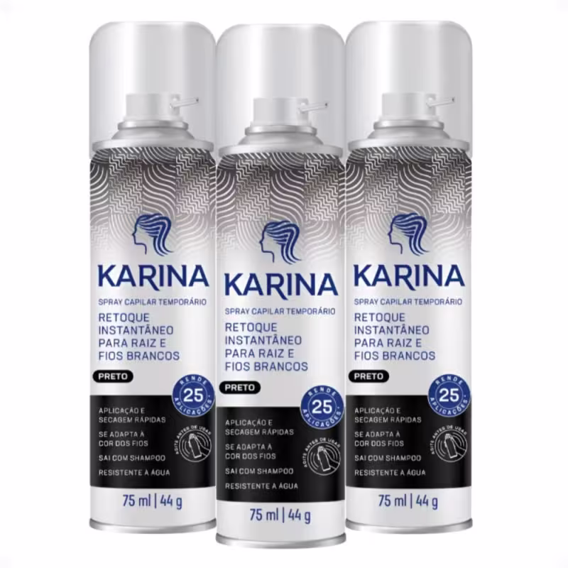 Kit Karina Retoque Capilar Temporário Raiz e Fios Brancos Preto 75ml Com 3