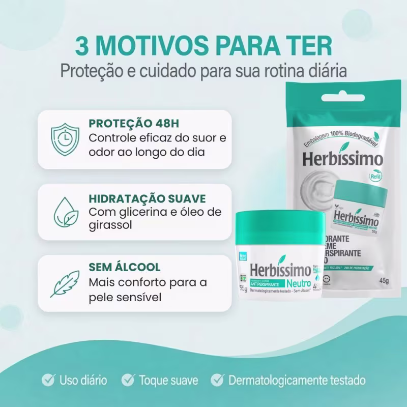 Kit Herbíssimo Desodorante Creme Antiperspirante Neutro 55g + 3 Refis 45g