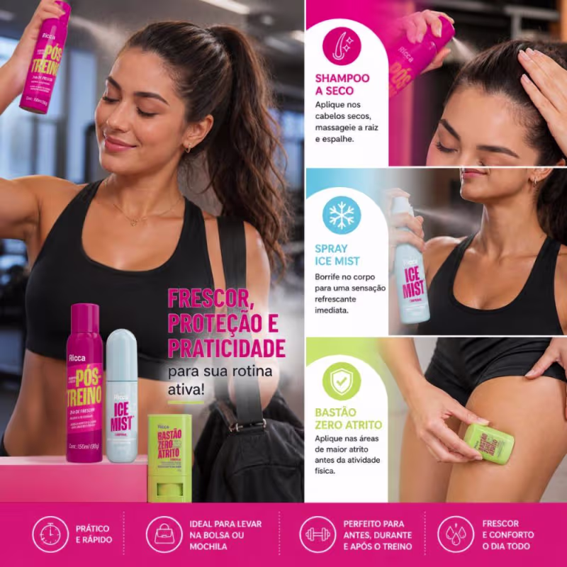 Kit Ricca Treino: Shampoo à Seco 150ml, Spray Corporal Ice Mist 100ml e Bastão Zero Atrito 20g