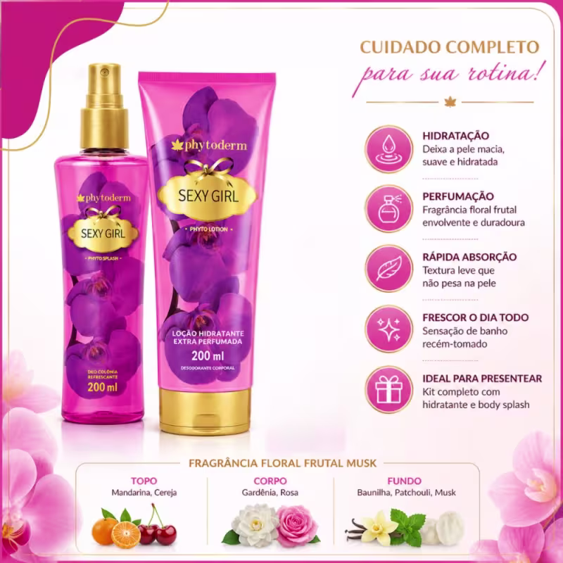Kit Presente Phytoderm Sexy Girl: Body Splah Colônia, Hidratante e Rosa Ursinho