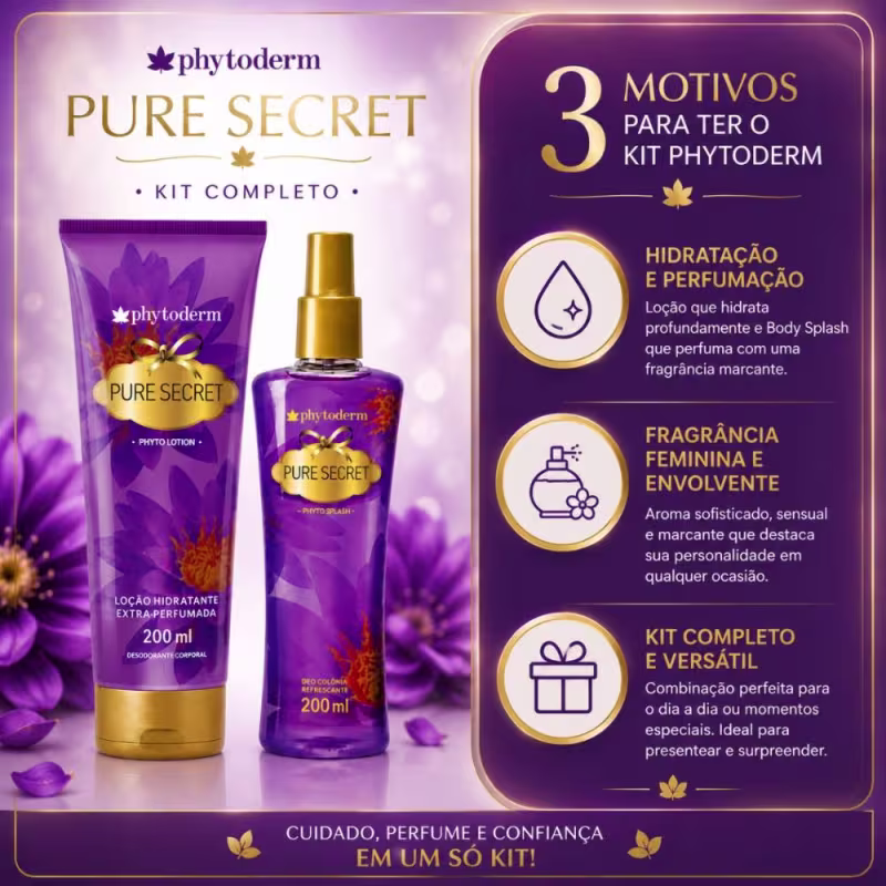 Kit Phytoderm Pure Secret: Body Splash Colônia, Hidratante e Sacola