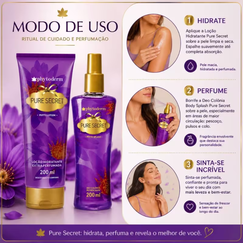 Kit Phytoderm Pure Secret: Body Splash Colônia, Hidratante e Sacola