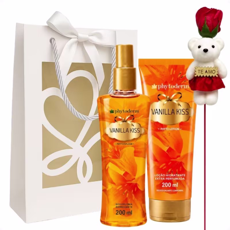 Kit Presente Phytoderm Vanilla Kiss: Body Splash Colônia, Hidratante e Rosa Ursinho