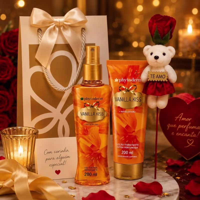 Kit Presente Phytoderm Vanilla Kiss: Body Splash Colônia, Hidratante e Rosa Ursinho