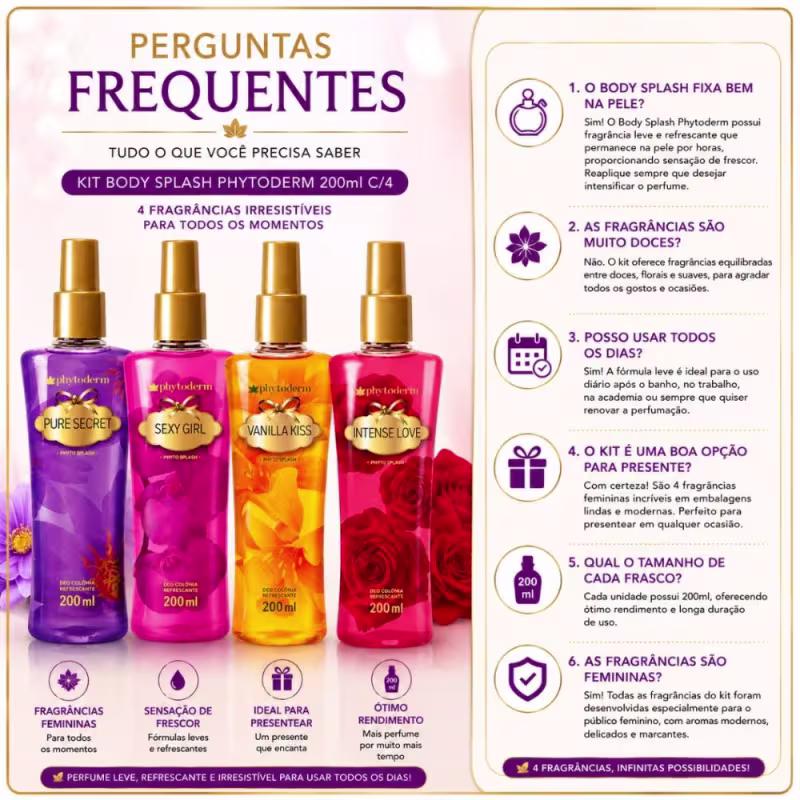 Kit Presente Phytoderm Deo Colônia: Intense Love, Sexy Girl, Pure Secret e Vanilla Kiss 200ml