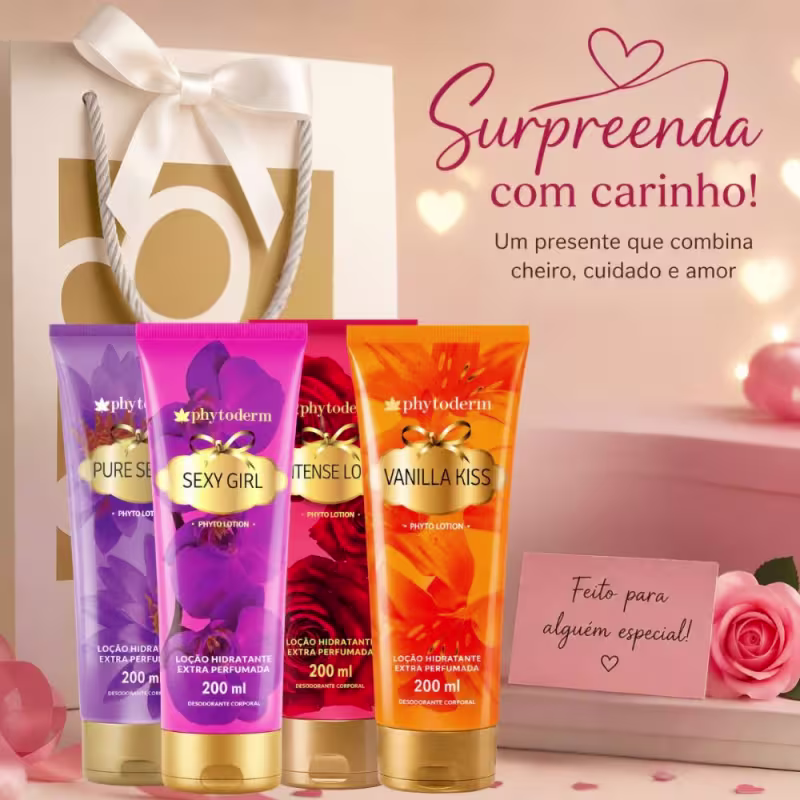Kit Presente Phytoderm Loção Hidratante: Intense Love, Sexy Girl, Pure Secret e Vanilla Kiss 200ml