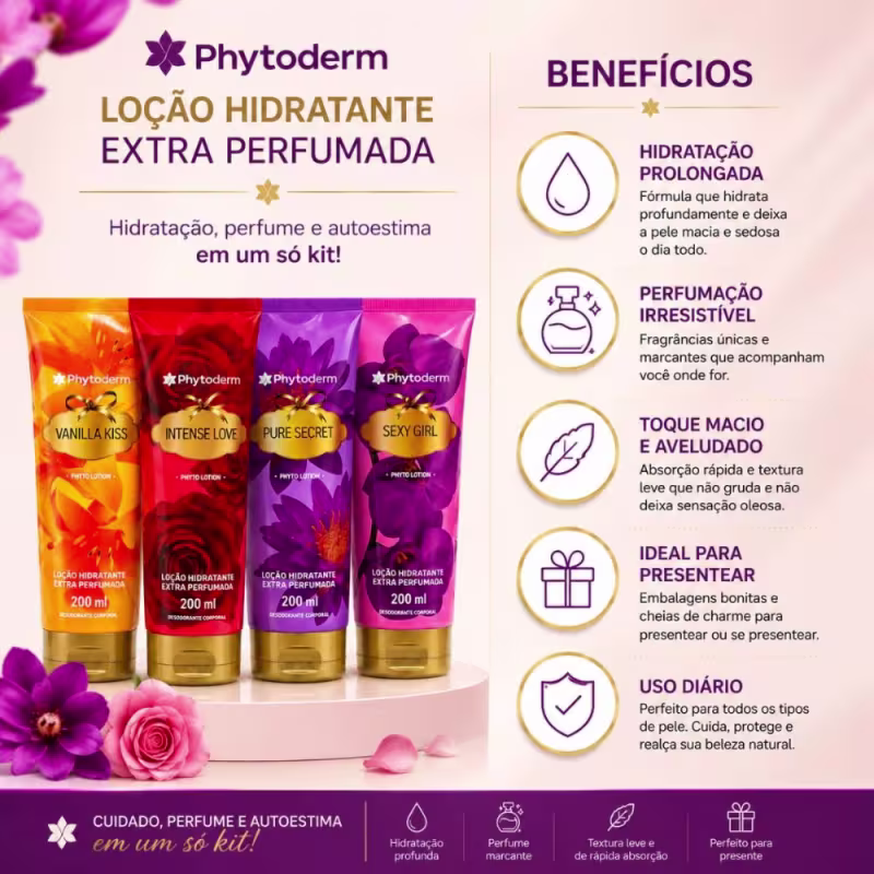 Kit Presente Phytoderm Loção Hidratante: Intense Love, Sexy Girl, Pure Secret e Vanilla Kiss 200ml