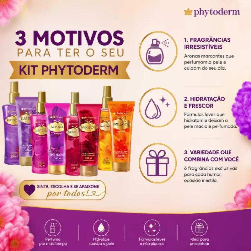 Kit Phytoderm Deo Colônia e Loção Hidratante: Intense Love, Sexy Girl, Pure Secret e Vanilla Kiss 200ml