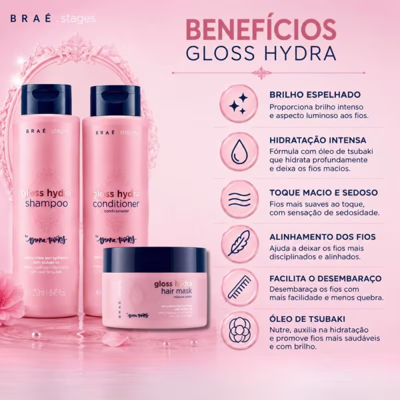 Kit Braé Stages by Bruna Tavares Gloss Hydra: Shampoo, Condicionador e Máscara