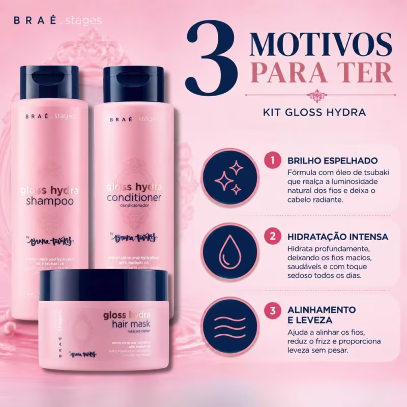 Kit Braé Stages by Bruna Tavares Gloss Hydra: Shampoo, Condicionador e Máscara