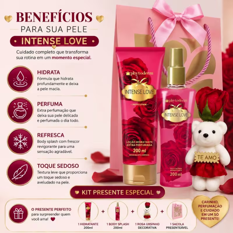 Kit Presente Phytoderm Intense Love: Body Splash Colônia, Hidratante e Rosa Ursinho
