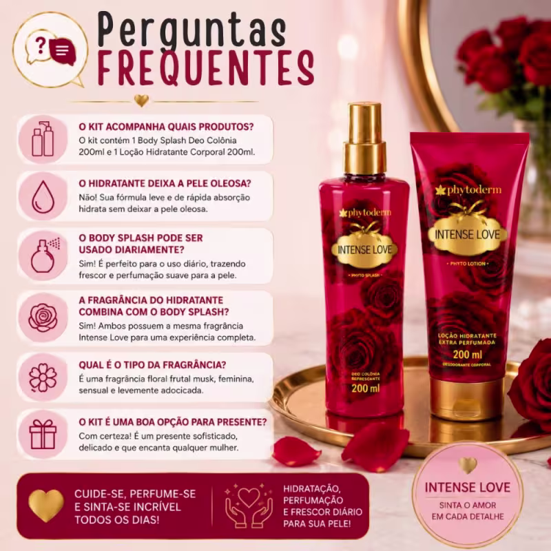 Kit Presente Phytoderm Intense Love: Body Splash Colônia, Hidratante e Rosa Ursinho