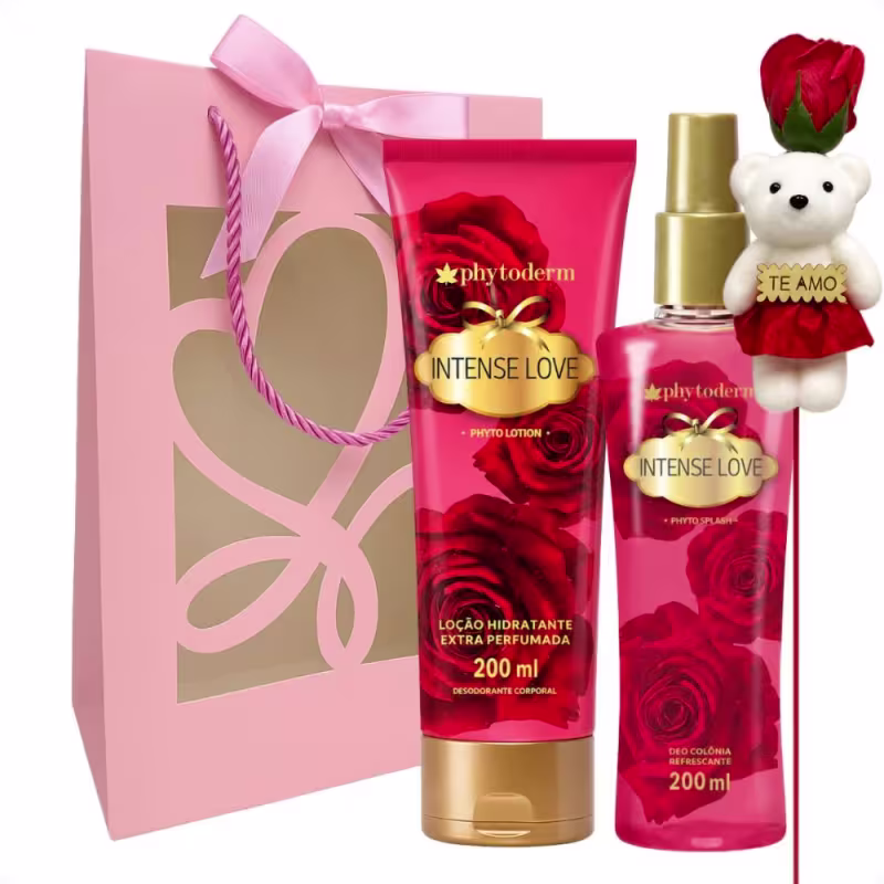Kit Presente Phytoderm Intense Love: Body Splash Colônia, Hidratante e Rosa Ursinho