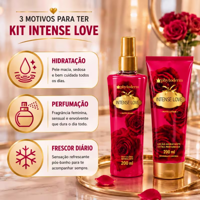Kit Presente Phytoderm Intense Love: Body Splash Colônia, Hidratante e Rosa Ursinho