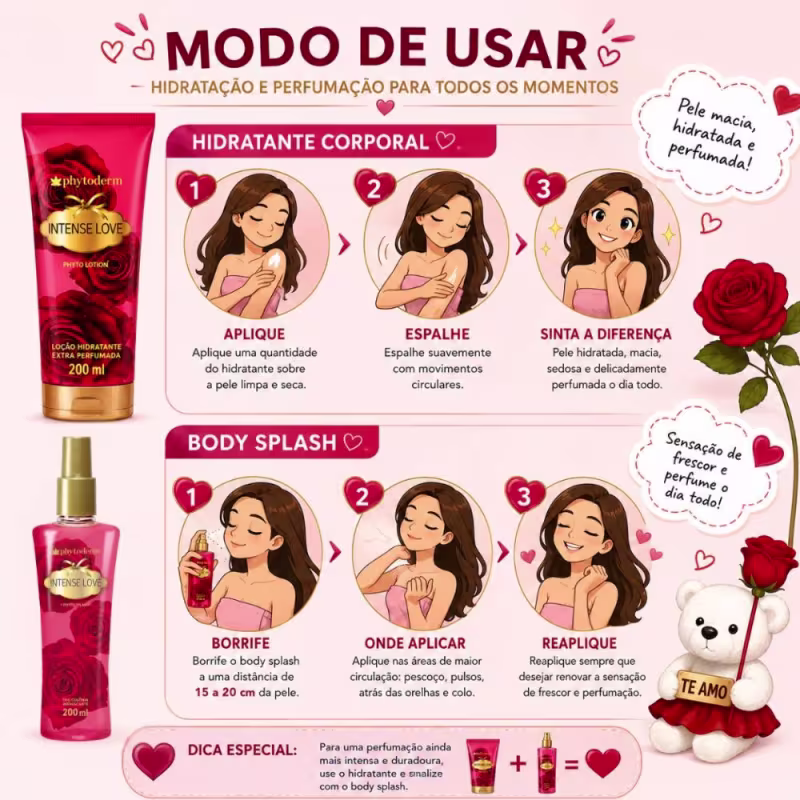Kit Presente Phytoderm Intense Love: Body Splash Colônia, Hidratante