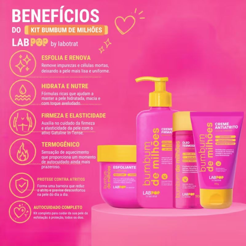 Kit LabPop by Labotrat Bumbum de Milhões: Esfoliante, Creme Firmador, Óleo Termogênico e Creme Antiatrito